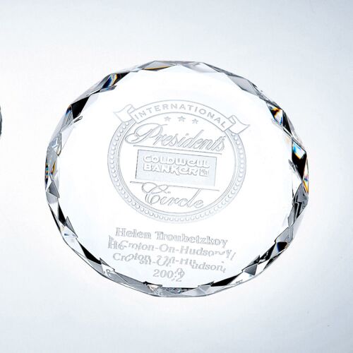 Topmost C602  3/4" x 3-1/2" x 3-1/2" Gem-cut Circle Paperweight  C602 C602  3/4" x 3-1/2" x 3-1/2" Gem-cut Circle Paperweight  Thumbnail