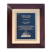 P4272 Cherry finish frame plaque with sapphire marble and gold florentine plate on brushed metal gold background