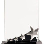 CRY140 - 8" Rectangle Crystal with Silver Stars on Black Pedestal Base