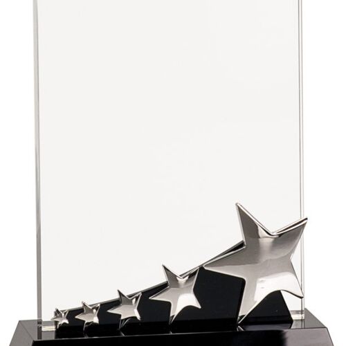 JDS CRY140 - 8" Rectangle Crystal with Silver Stars on Black Pedestal Base CRY140 CRY140 - 8" Rectangle Crystal with Silver Stars on Black Pedestal Base Thumbnail