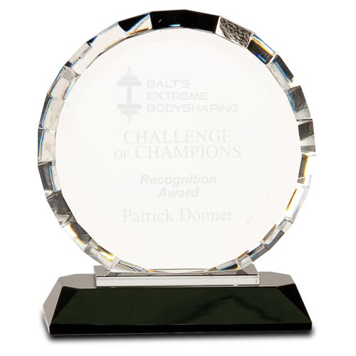 JDS CRY014L - 6 1/2" Clear Crystal Round with Rectangle Facets on Black Crystal Base CRY014L CRY014L - 6 1/2" Clear Crystal Round with Rectangle Facets on Black Crystal Base Thumbnail