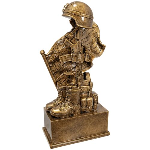 JDS MLT01 - 8 3/4" Antique Gold Military Resin Helmet on Rifle with Flag and Boot MLT01 MLT01 - 8 3/4" Antique Gold Military Resin Helmet on Rifle with Flag and Boot Thumbnail