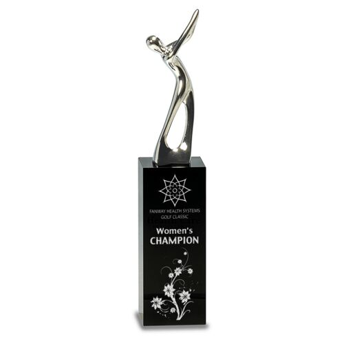 JDS CRY145M - 9 1/2" Silver Metal Golf Figure on Black Crystal Pedestal  CRY145M  CRY145M - 9 1/2" Silver Metal Golf Figure on Black Crystal Pedestal Thumbnail