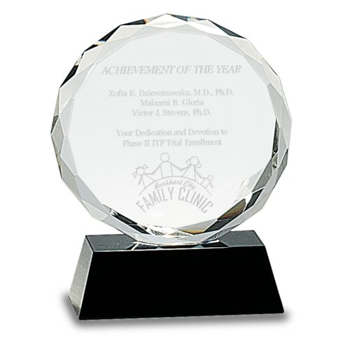 JDS CRY001S - 5" Round Facet Crystal on Black Pedestal Base CRY001S CRY001S - 5" Round Facet Crystal on Black Pedestal Base Thumbnail