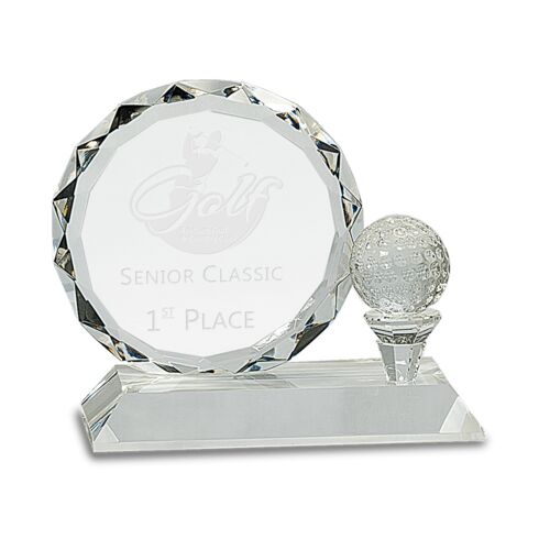JDS CRY161 - 5 1/4" Round Facet Crystal with Golf Ball on Clear Pedestal Base CRY161 CRY161 - 5 1/4" Round Facet Crystal with Golf Ball on Clear Pedestal Base Thumbnail