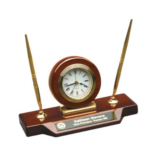 [T154] Rosewood Piano Finish Desk Clock with 2 Pens  Thumbnail
