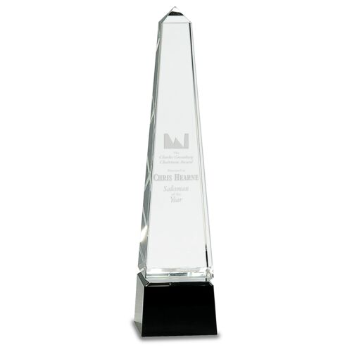 JDS CRY003M - 10" Obelisk Crystal on Black Pedestal Base CRY003M CRY003M - 10" Obelisk Crystal on Black Pedestal Base Thumbnail