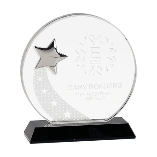 JDS CRY141 - 6 1/4" Round Crystal with Silver Star on Black Pedestal Base CRY141 CRY141 - 6 1/4" Round Crystal with Silver Star on Black Pedestal Base Thumbnail